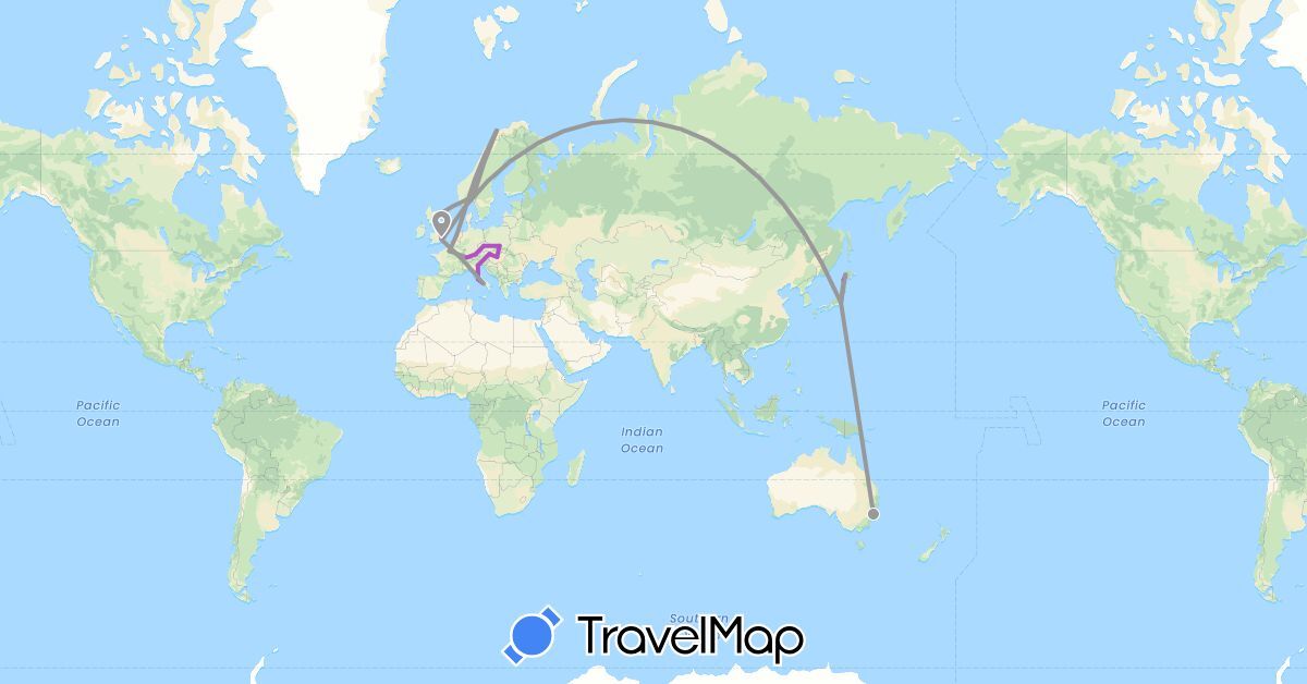 TravelMap itinerary: driving, plane, train in Austria, Australia, Switzerland, Czech Republic, Germany, France, United Kingdom, Hungary, Italy, Japan, Netherlands, Norway, Poland (Asia, Europe, Oceania)