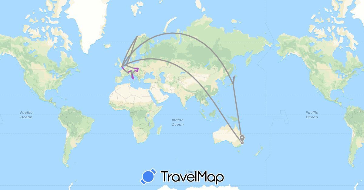 TravelMap itinerary: driving, plane, train in Austria, Australia, Switzerland, Czech Republic, Germany, France, United Kingdom, Hungary, Italy, Japan, Netherlands, Norway, Poland (Asia, Europe, Oceania)